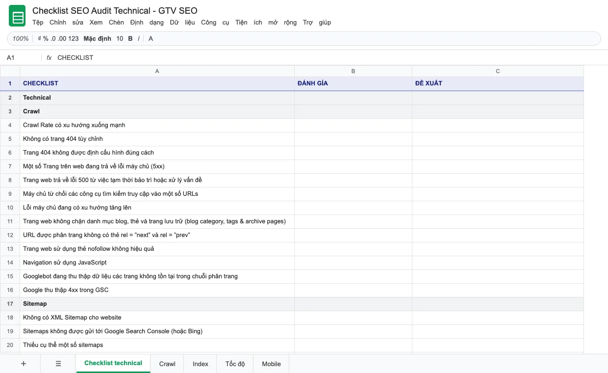 Checklist audit technical của GTV SEO: từng hạng mục crawl, sitemap, có cột đánh giá và đề xuất để điền cho website của bạn
