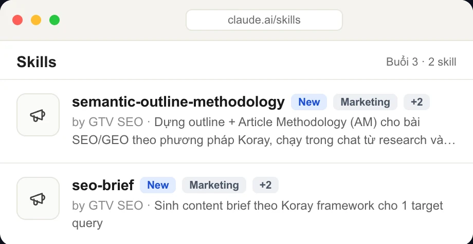 Bộ skill buổi 3 trong Claude: outline AM (dàn ý chuẩn semantic), cấu trúc Claude Project cho content (thao tác trong video)