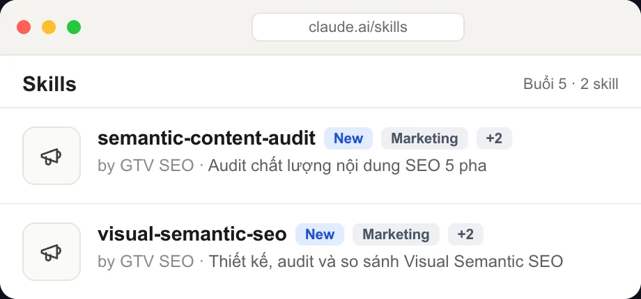 Bộ skill buổi 5 trong Claude: audit content (giữ, sửa, gộp, chuyển hướng), đề xuất cấu trúc website, công cụ thiết kế bằng AI (thao tác trong video)