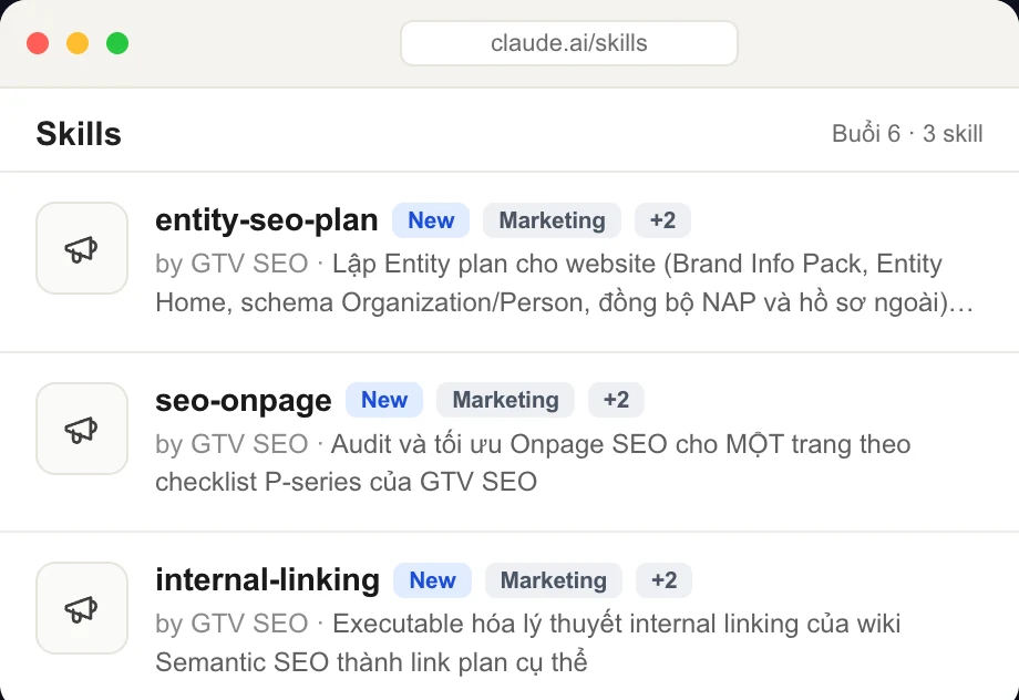 Bộ skill buổi 6 trong Claude: entity home, onpage theo loại trang, internal link
