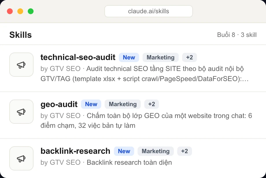 Bộ skill buổi 8 trong Claude: technical audit, GEO audit 6 điểm chạm, backlink research