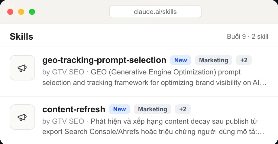 Bộ skill buổi 9 trong Claude: dashboard và KPI, quy trình SEO & GEO toàn diện có AI ở từng bước
