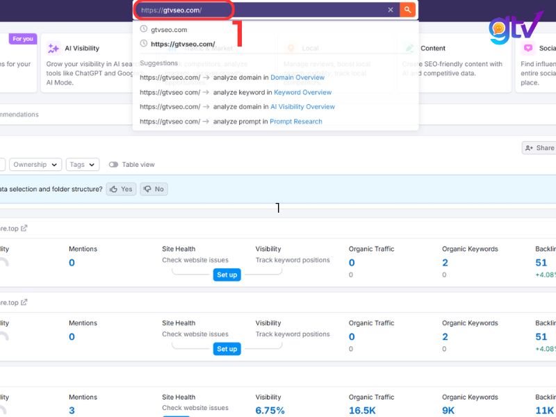 truy cap semrush va nhap url website hoac trang can kiem tra