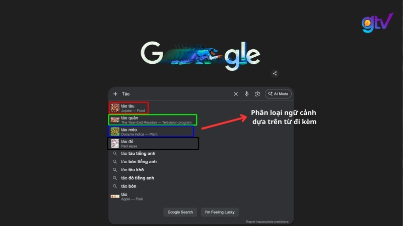 Google Autocomplete phân loại ngữ cảnh từ "Táo" thành Food, Television program và Plant nhờ Semantic Search