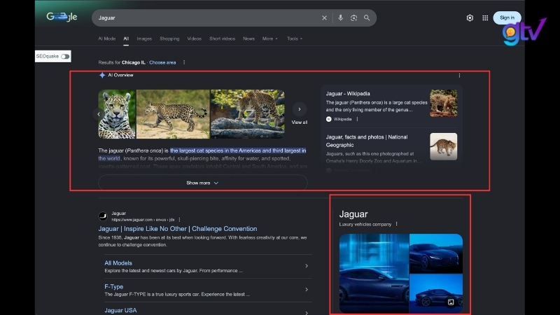 Google SERP truy vấn "jaguar" hiển thị AI Overview về báo đốm và Knowledge Panel xe Jaguar nhờ Semantic Search