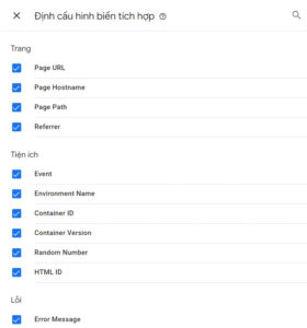 Chọn tất cả những biến trong phần Định cấu hình biến tích hợp