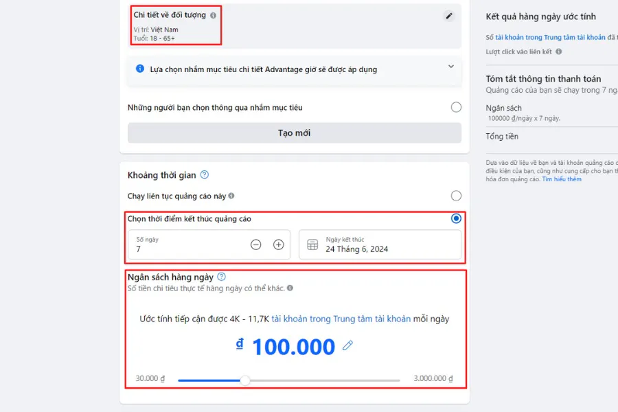 chọn mục tiêu, ngân sách, thời gian