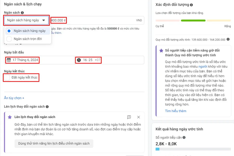 thêm các thông tin về ngân sách, thời gian chạy 