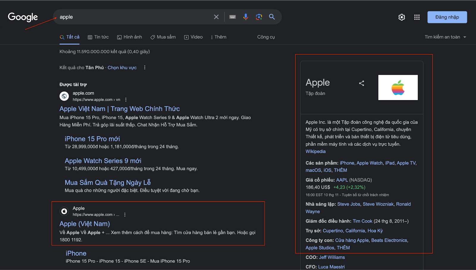 Goole nhận diện Tập đoàn Apple thông qua từ khoá “Apple”