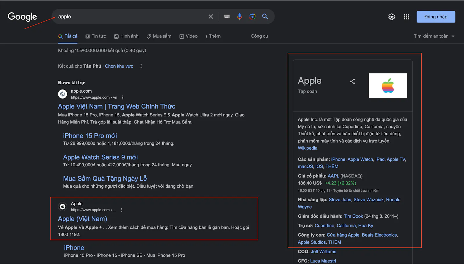 Goole nhận diện Tập đoàn Apple thông qua từ khoá “Apple”