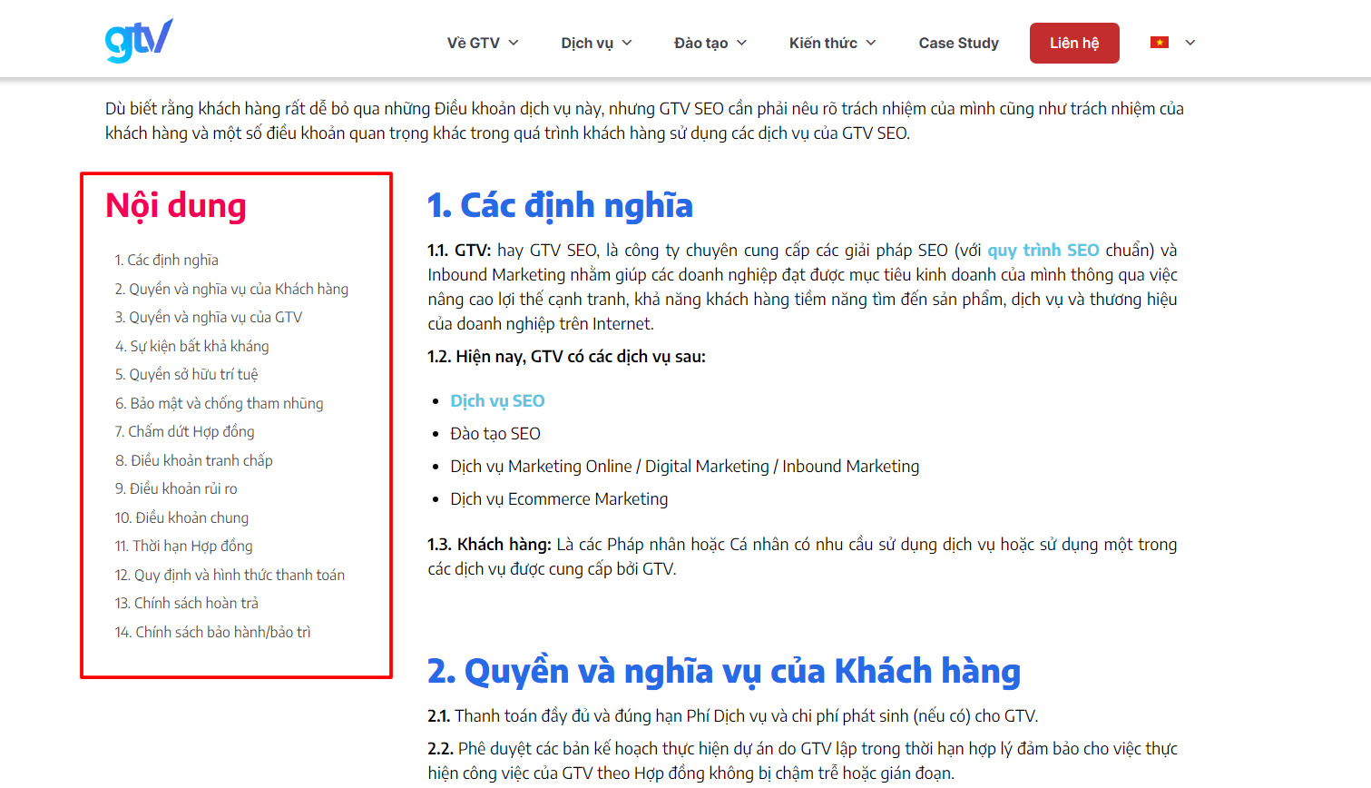 Outline nội dung của trang điều khoản dịch vụ của GTV
