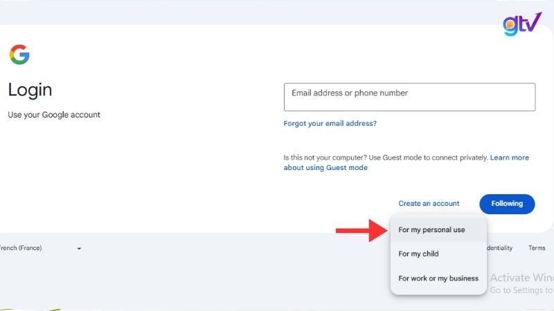 nhấp vào “Tạo tài khoản” và làm theo hướng dẫn để tạo tài khoản mới
