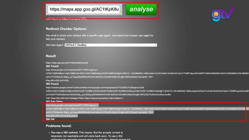 Kiểm tra redirect bằng redirect-checker.org