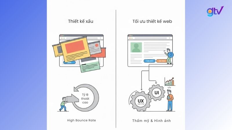 Giao diện xấu, quảng cáo nhiều, thiếu CTA làm Bounce Rate tăng.
