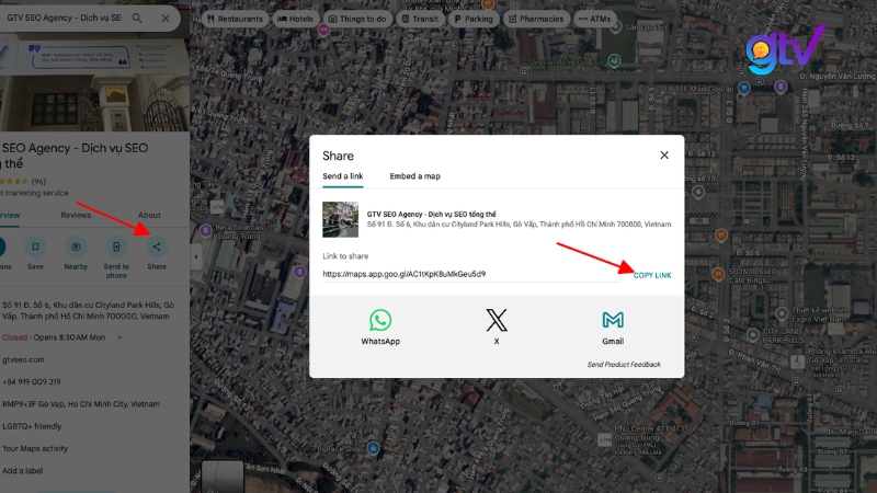 Vào Google Maps, tìm tên doanh nghiệp nhấn nút "Chia sẻ" rồi chọn "Sao chép liên kết"
