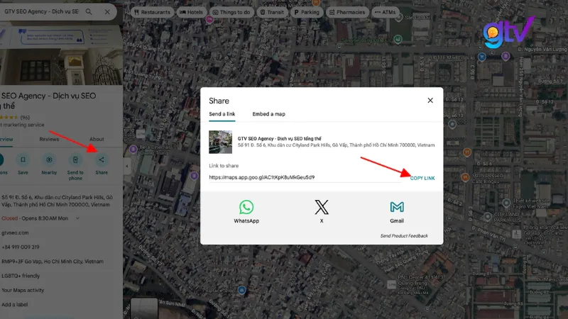 Vào Google Maps, tìm tên doanh nghiệp nhấn nút "Chia sẻ" rồi chọn "Sao chép liên kết"