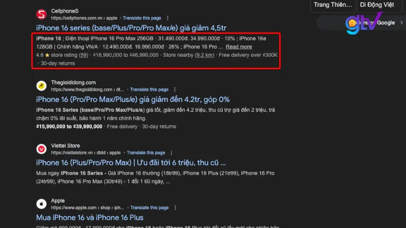 Product Rich Results hiển thị giá và đánh giá sao trên Google SERP