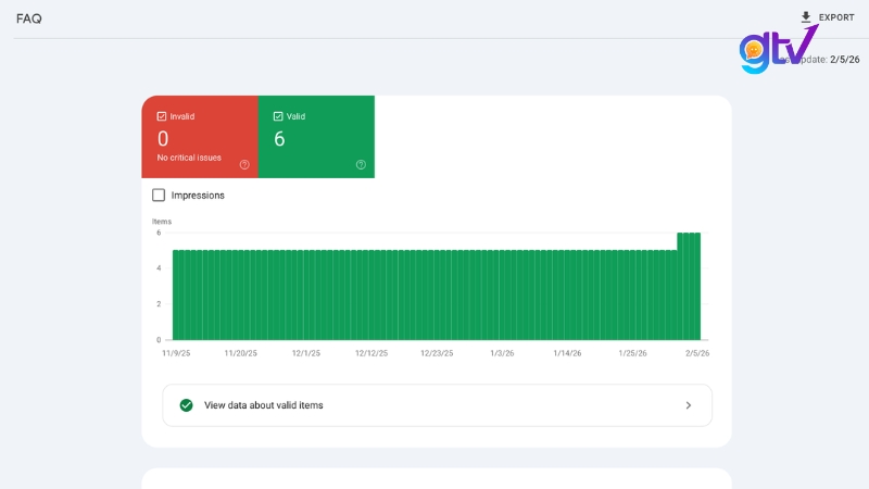Kết quả kiểm tra tab Enhancements trong Search Console 