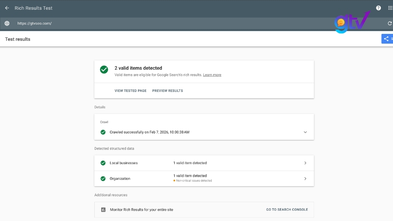 Kết quả Google Rich Results Test trả về
