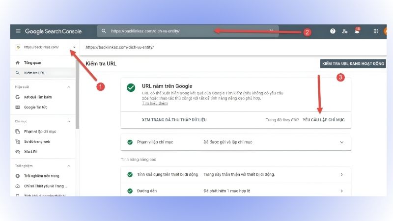 Dùng Google Search Console để kiểm tra URL đã được index