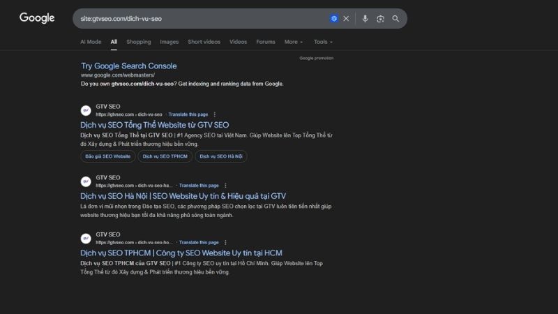 Ví dụ dùng toán tử tìm kiếm Site để kiểm tra trạng thái index của trang cụ thể.