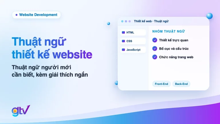 Ảnh bìa bài thuật ngữ thiết kế website: cửa sổ với HTML, CSS, JavaScript và 3 nhóm thuật ngữ thiết kế trực quan, bố cục, chức năng