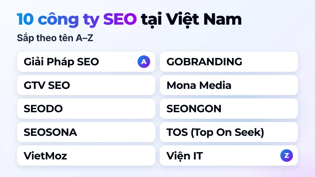 10 công ty SEO tại Việt Nam trong bài: Giải Pháp SEO, GOBRANDING, GTV SEO, Mona Media, SEODO, SEONGON, SEOSONA, TOS, VietMoz, Viện IT
