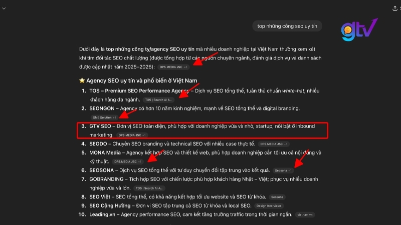 Top 10 agency SEO uy tín Việt Nam trên AI Search với GTV SEO xếp hạng 3 được highlight trong kết quả GEO