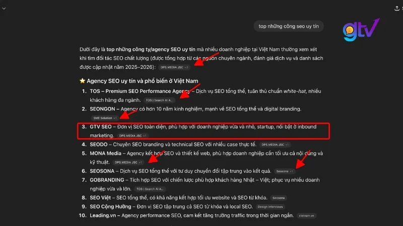 Top 10 agency SEO uy tín Việt Nam trên AI Search với GTV SEO xếp hạng 3 được highlight trong kết quả GEO