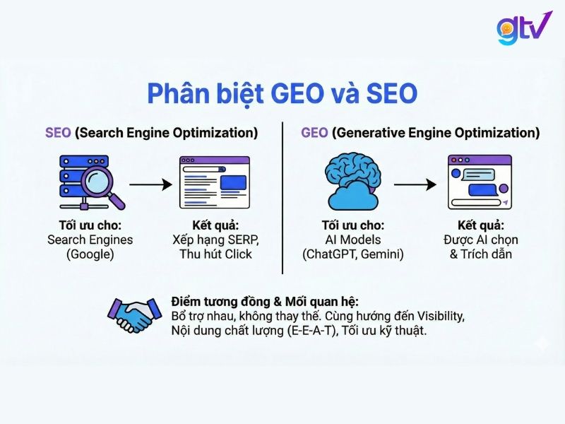 GEO tối ưu cho AI tạo sinh trong khi SEO tối ưu cho công cụ tìm kiếm truyền thống
