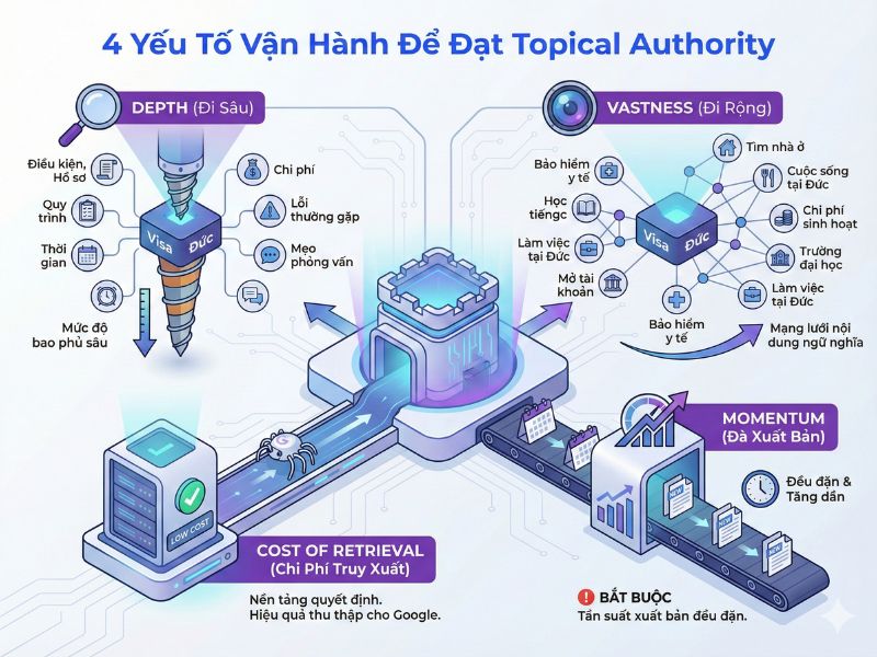 Để đạt Topical Authority, website cần kết hợp Độ sâu, Độ rộng, Đà xuất bản (bắt buộc) và tối ưu Chi phí truy xuất nền tảng