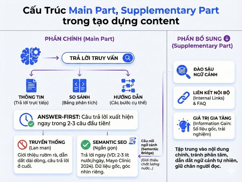 Bài viết chuẩn Semantic SEO gồm phần chính trả lời trực tiếp truy vấn và phần bổ sung mở rộng ngữ cảnh, kèm thông tin mới để tăng giá trị