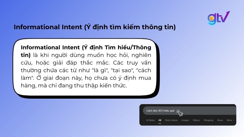 Informational Intent là khi người dùng tìm hiểu kiến thức