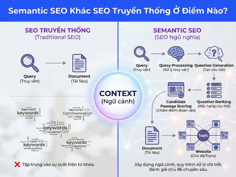 SEO truyền thống tập trung vào từ khóa, trong khi Semantic SEO ưu tiên hiểu ngữ cảnh, ý định tìm kiếm và tính chuyên sâu của toàn bộ chủ đề