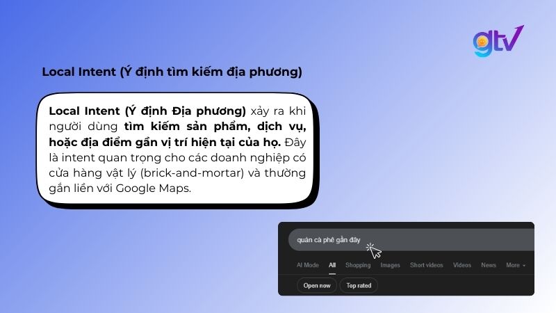 Local Intent là khi người dùng tìm sản phẩm