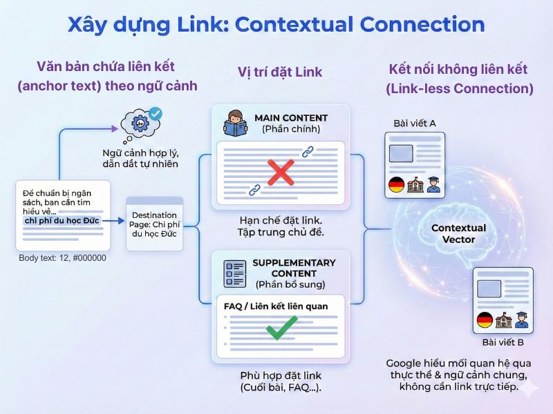 Liên kết trong Semantic SEO nhằm xây dựng ngữ cảnh. Anchor text cần tự nhiên, ưu tiên đặt ở phần bổ sung và chú trọng mối quan hệ thực thể