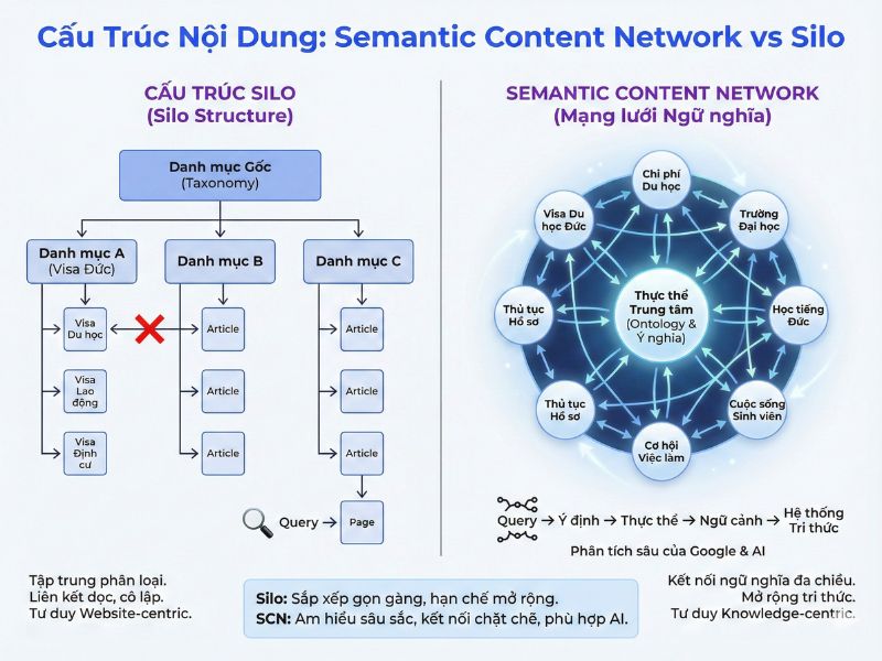 Silo phân loại nội dung theo cấp bậc cây, còn SCN kết nối bài viết dạng mạng lưới dựa trên thực tế nhu cầu và ý nghĩa thực thể