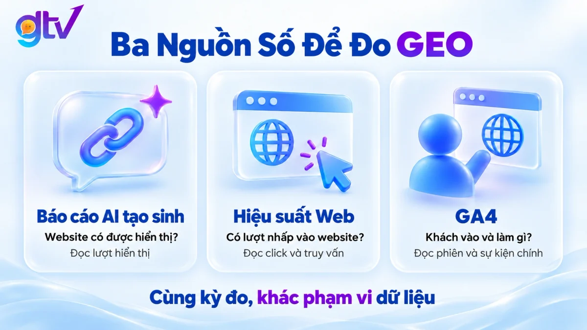 Ba nguồn số dùng để đo hiệu quả GEO: báo cáo AI tạo sinh, báo cáo hiệu suất và GA4