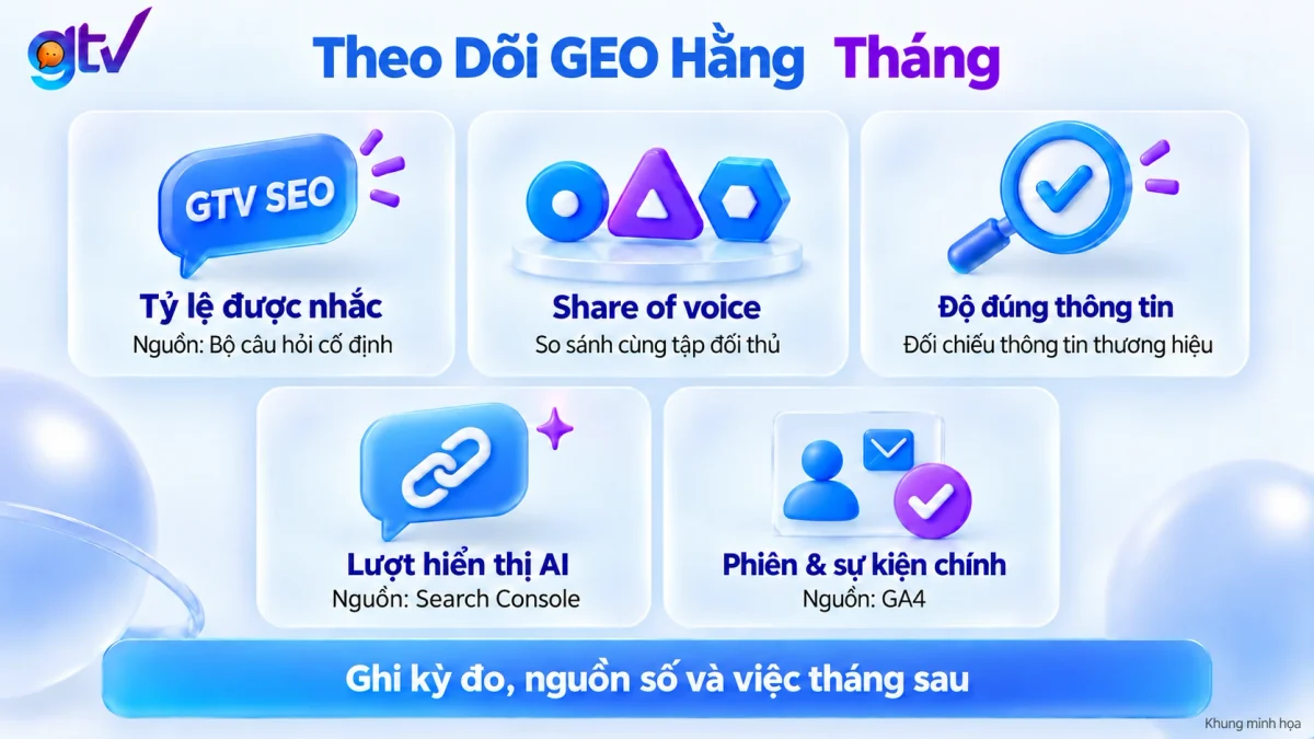 Bảng theo dõi tháng khi đo hiệu quả GEO gồm 5 dòng số và việc tháng sau