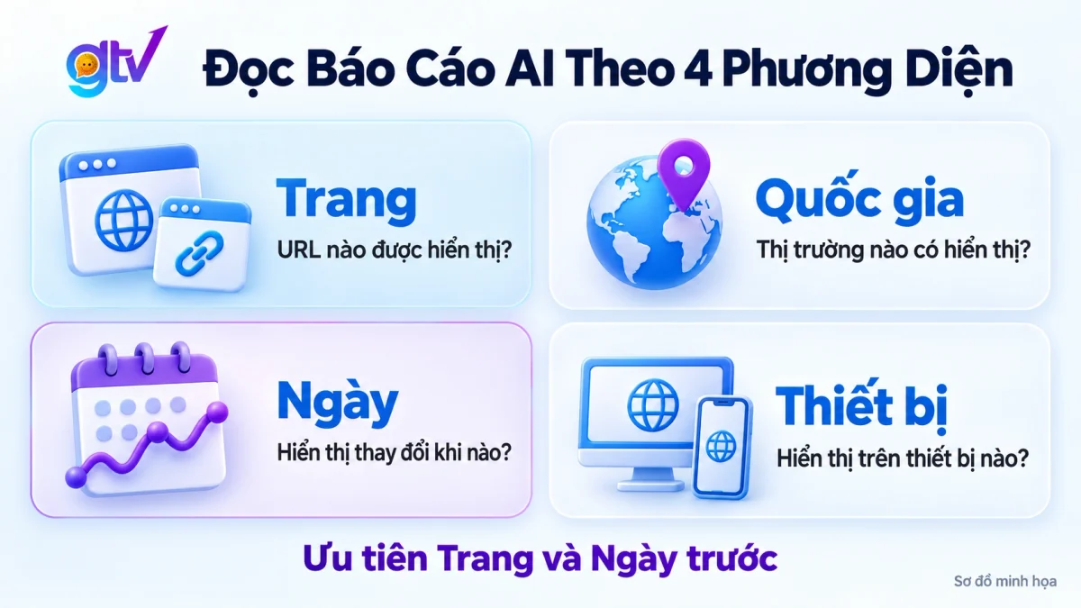 Báo cáo hiệu suất AI tạo sinh trong menu Hiệu suất của Search Console với 4 tab phương diện
