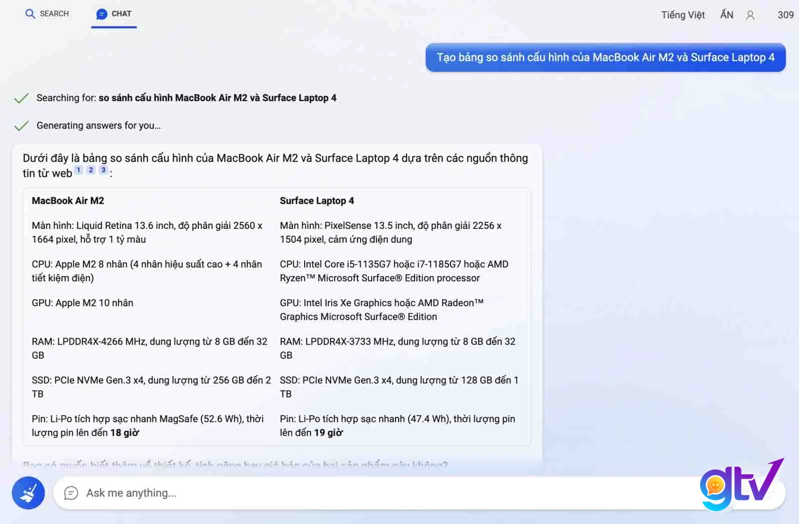 Khả năng lập bảng so sánh của Bing AI