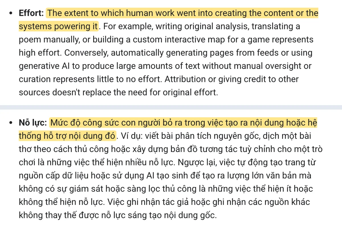 Đoạn định nghĩa Effort bản tiếng Anh và đoạn Nỗ lực bản tiếng Việt trên trang Creating helpful content của Google