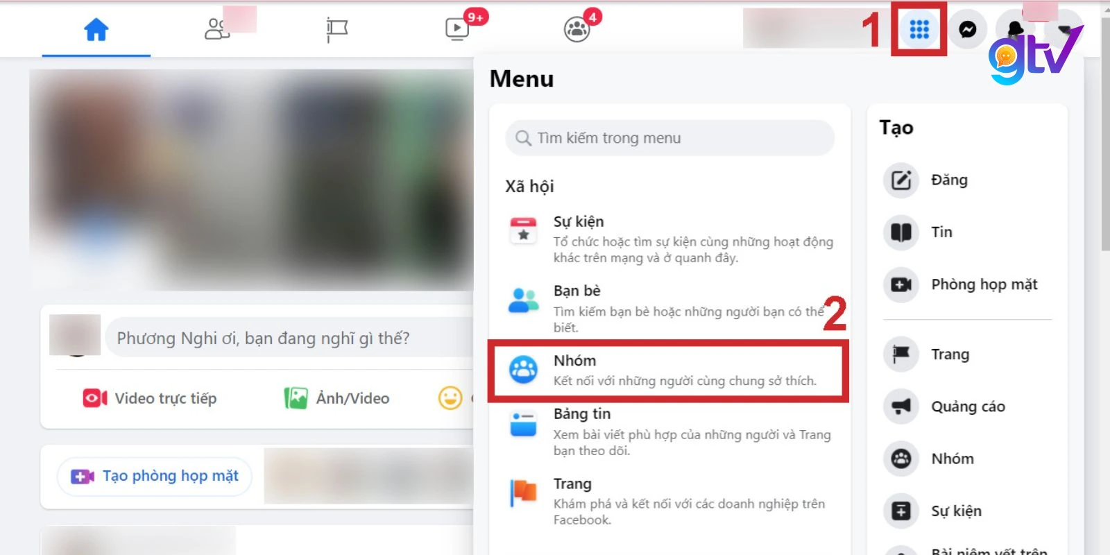 Click vào “Menu” trên thanh công cụ của Facebook và chọn vào “Nhóm”