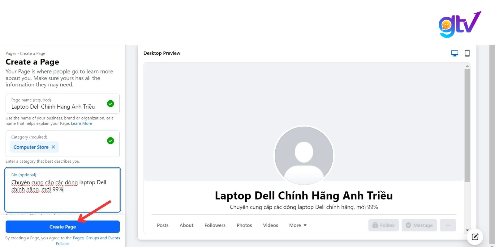 Sau khi nhập xong > Nhấn Create Page (Tạo Trang)