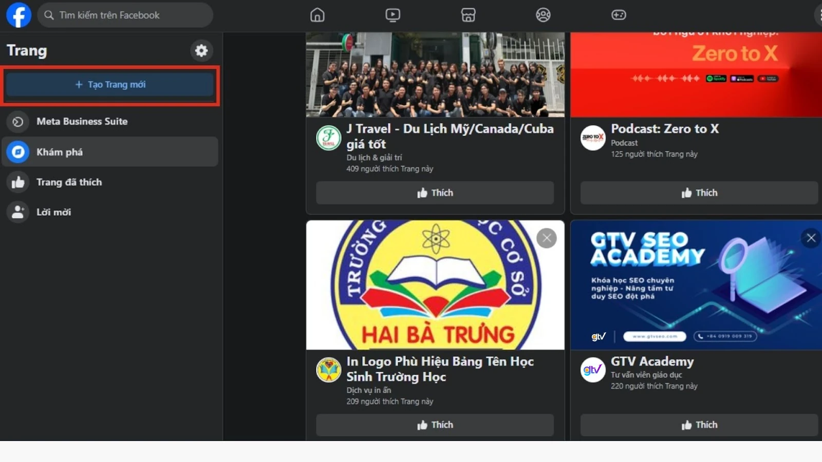 Chọn nút + Tạo trang mới để tạo Fanpage