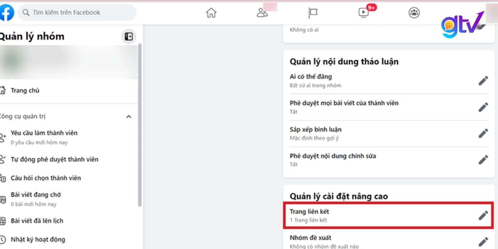 Tại mục “Quản lý cài đặt nâng cao” nhấn chọn “Trang liên kết”