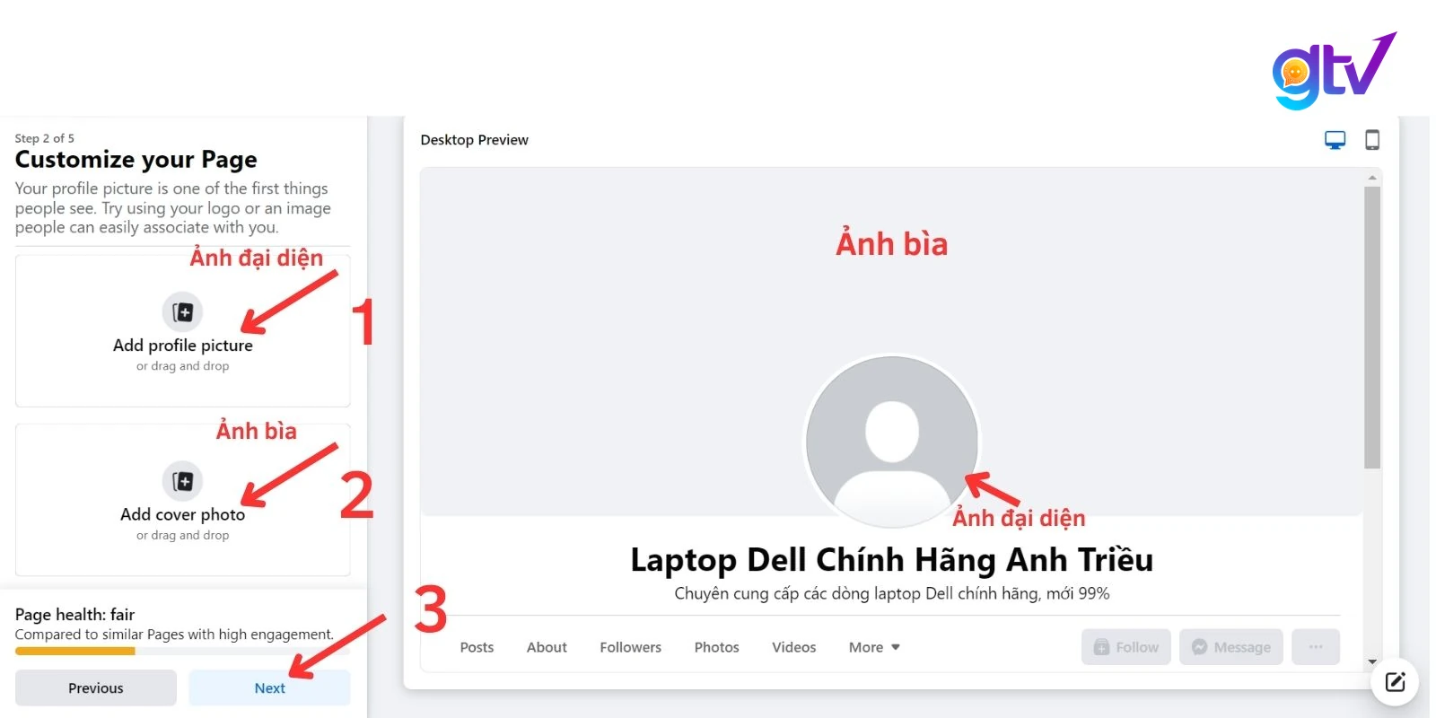 Lần lượt tải ảnh đại diện, ảnh bìa (nếu có sẵn) > Nhấn Next (Tiếp theo)