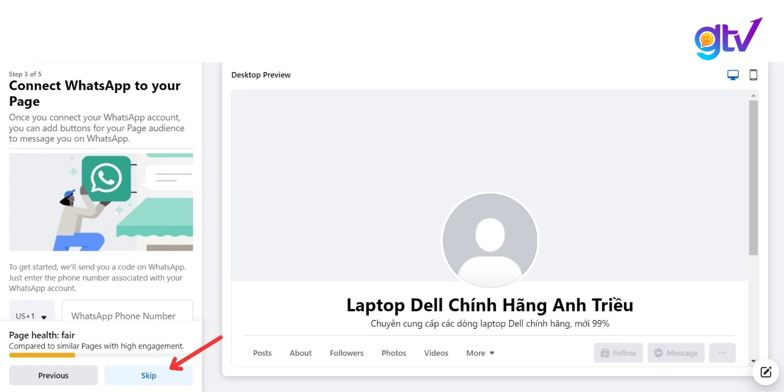 Nếu không cần liên kết WhatsApp > Nhấn Skip (Bỏ qua)
