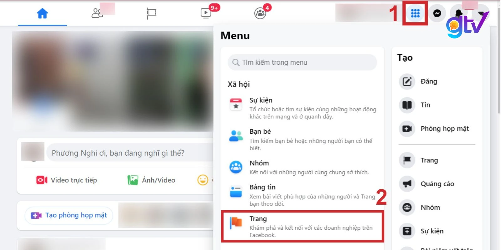 Trên giao diện màn hình Facebook, ấn chọn vào “Menu” và chọn “Trang”