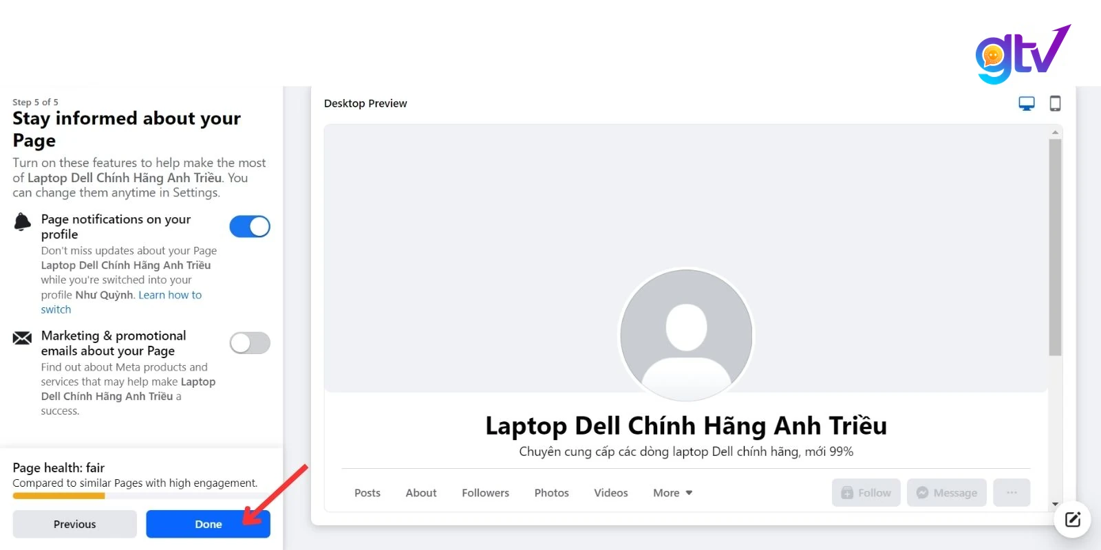 Nhấn Done (Xong) để hoàn thành tạo fanpage bán hàng